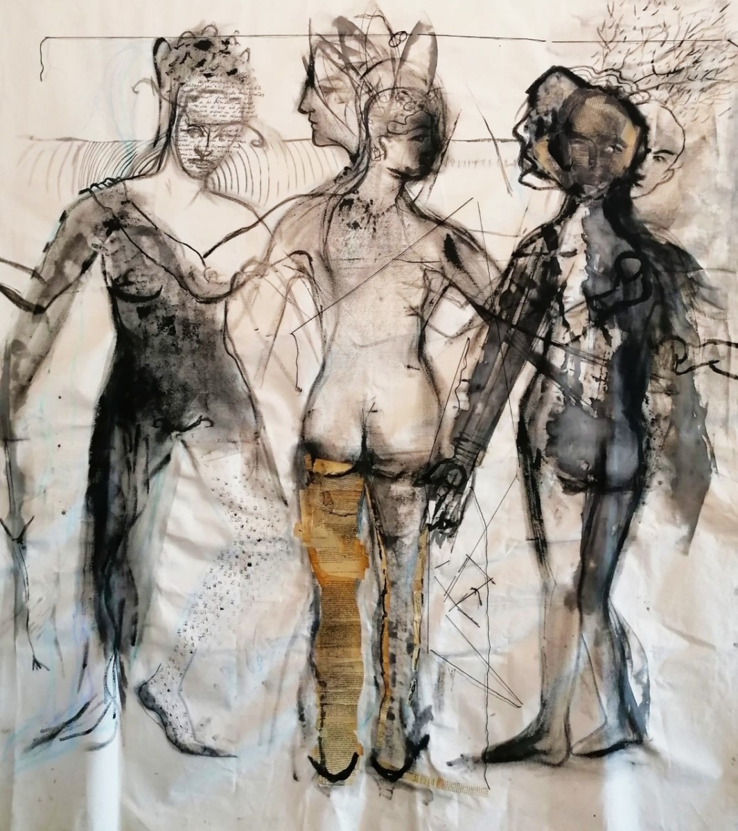 La Tríada , 166x200cm, tinta china, collage y cosido sobre loneta de algodón